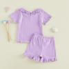 image:imageKuriozud Toddler Baby Girl Clothes Cute Bow Short Sleeve T Shirts Top Ruffle Shorts Set 2 Piece Summer OutfitsRibbed Purple