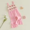 image:imageKuriozud Toddler Baby Girl Clothes Cute Sleeveless Halter Romper Spaghetti Strap Jumpsuit Summer Bell Bottom OutfitCrochet Flower Pink