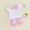 image:imageKuriozud Toddler Baby Girl Clothes Doll Collar Short Sleeve Shirts Top Ruffle Shorts Set Cute 2 Piece Summer OutfitsPlaid Bow Pink
