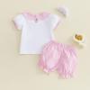 image:imageKuriozud Toddler Baby Girl Clothes Doll Collar Short Sleeve Shirts Top Ruffle Shorts Set Cute 2 Piece Summer OutfitsPlaid Bow Pink
