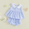 image:imageKuriozud Toddler Baby Girl Clothes Doll Collar Short Sleeve Shirts Top Ruffle Shorts Set Cute 2 Piece Summer OutfitsStriped Blue