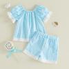 image:imageKuriozud Toddler Baby Girl Clothes Lace Short Sleeve Shirts Top Pockets Shorts Set Cute 2 Piece Summer OutfitsPlaid Blue