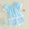 image:imageKuriozud Toddler Baby Girl Clothes Lace Short Sleeve Shirts Top Pockets Shorts Set Cute 2 Piece Summer OutfitsPlaid Blue