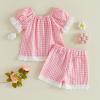 image:imageKuriozud Toddler Baby Girl Clothes Lace Short Sleeve Shirts Top Pockets Shorts Set Cute 2 Piece Summer OutfitsPlaid Pink