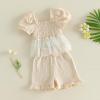 image:imageKuriozud Toddler Baby Girl Clothes Somcked Short Sleeve Shirts Tulle Top and Bow Bloomers Shorts Set 2 Piece Summer OutfitsTulle Apricot