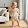 image:imageKuriozud Toddler Baby Girl Clothes Somcked Short Sleeve Shirts Tulle Top and Bow Bloomers Shorts Set 2 Piece Summer OutfitsTulle Apricot