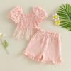 image:imageKuriozud Toddler Baby Girl Clothes Somcked Short Sleeve Shirts Tulle Top and Bow Bloomers Shorts Set 2 Piece Summer OutfitsTulle Pink