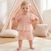 image:imageKuriozud Toddler Baby Girl Clothes Somcked Short Sleeve Shirts Tulle Top and Bow Bloomers Shorts Set 2 Piece Summer OutfitsTulle Pink