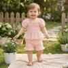 image:imageKuriozud Toddler Baby Girl Clothes Somcked Short Sleeve Shirts Tulle Top and Bow Bloomers Shorts Set 2 Piece Summer OutfitsTulle Pink