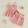 image:imageKuriozud Toddler Girl Summer Clothes Smocked Hlater Shirts Top Bloomers Shorts Set Little Girl 2 Piece Outfits3d Flower Pink