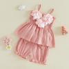 image:imageKuriozud Toddler Girl Summer Clothes Smocked Hlater Shirts Top Bloomers Shorts Set Little Girl 2 Piece Outfits3d Flower Pink