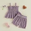image:imageKuriozud Toddler Girl Summer Clothes Smocked Hlater Shirts Top Bloomers Shorts Set Little Girl 2 Piece Outfits3d Flower Purple