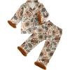 image:imageKuriozud Kids Toddler Girl Satin Pajamas Fuzzy Trim Long Sleeve Button Down Shirt Top and Pants 2pcs Pjs Sets SleepwearTurkey Sunflower Brown