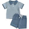 image:imageKuriozud Newborn Baby Boy Summer Clothes Button Short Sleeve Romper Bodysuit Shorts Set Infant Soft Waffle OutfitLapel Shirt Striped Blue