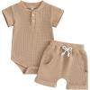 image:imageKuriozud Newborn Baby Boy Summer Clothes Button Short Sleeve Romper Bodysuit Shorts Set Infant Soft Waffle OutfitWaffle Khaki