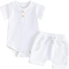 image:imageKuriozud Newborn Baby Boy Summer Clothes Button Short Sleeve Romper Bodysuit Shorts Set Infant Soft Waffle OutfitWaffle White
