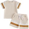 image:imageKuriozud Toddler Baby Boy Summer Outfit Short Sleeve T Shirt Shorts Set 6 12 18 24 Months 2T 3T 4T Baby Neutral ClothesWaffle Color Block Apricot