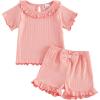 image:imageKuriozud Toddler Baby Girl Clothes Cute Bow Short Sleeve T Shirts Top Ruffle Shorts Set 2 Piece Summer OutfitsRibbed Pink