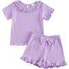 image:imageKuriozud Toddler Baby Girl Clothes Cute Bow Short Sleeve T Shirts Top Ruffle Shorts Set 2 Piece Summer OutfitsRibbed Purple