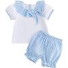 image:imageKuriozud Toddler Baby Girl Clothes Doll Collar Short Sleeve Shirts Top Ruffle Shorts Set Cute 2 Piece Summer OutfitsPlaid Bow Blue