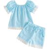 image:imageKuriozud Toddler Baby Girl Clothes Lace Short Sleeve Shirts Top Pockets Shorts Set Cute 2 Piece Summer OutfitsPlaid Blue