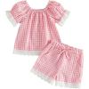 image:imageKuriozud Toddler Baby Girl Clothes Lace Short Sleeve Shirts Top Pockets Shorts Set Cute 2 Piece Summer OutfitsPlaid Pink