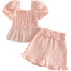 image:imageKuriozud Toddler Baby Girl Clothes Somcked Short Sleeve Shirts Tulle Top and Bow Bloomers Shorts Set 2 Piece Summer OutfitsTulle Pink