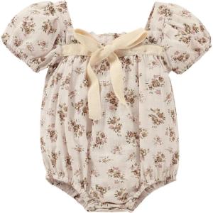 image:imageKuriozud Baby Girl Bubble Romper Bodysuit Short Sleeve Jumpsuit Smocked Outfit Cute Infant Summer ClothesBeige  Floral