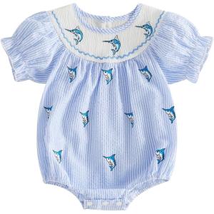 image:imageKuriozud Baby Girl Bubble Romper Bodysuit Short Sleeve Jumpsuit Smocked Outfit Cute Infant Summer ClothesSwordfish Striped Blue