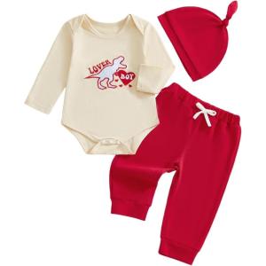 image:imageKuriozud Baby My First Valentines Outfits Long Sleeve Romper Bodysuit Top Pants Hat 3 Piece Clothes SetLover Boy  Dinosaur Red