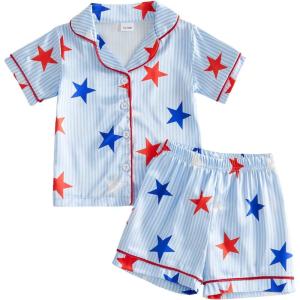 image:imageKuriozud Kids Toddler Boy 4th of July Pajamas Short Sleeve Button Down Shirt Top and Shorts 2pcs Pjs Sets SleepwearStar Light Blue