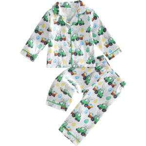 image:imageKuriozud Kids Toddler Boy Easter Pajamas Long Sleeve Button Down Shirt Top and Pants 2pcs Pjs Sets SleepwearCar Bunny Egg Green