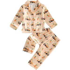 image:imageKuriozud Kids Toddler Boy Easter Pajamas Long Sleeve Button Down Shirt Top and Pants 2pcs Pjs Sets SleepwearCar Bunny Egg Orange