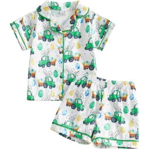 image:imageKuriozud Kids Toddler Boy Easter Pajamas Short Sleeve Button Down Shirt Top and Shorts 2pcs Pjs Sets SleepwearCar Bunny Egg Green