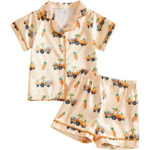 image:imageKuriozud Kids Toddler Boy Easter Pajamas Short Sleeve Button Down Shirt Top and Shorts 2pcs Pjs Sets SleepwearCar Bunny Egg Orange