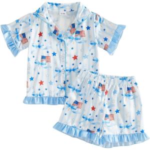 image:imageKuriozud Kids Toddler Girl 4th of July Pajamas Short Sleeve Button Down Shirt Top and Shorts 2pcs Pjs Sets SleepwearAmerican Flag Bow Blue
