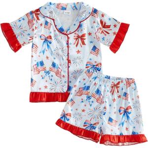image:imageKuriozud Kids Toddler Girl 4th of July Pajamas Short Sleeve Button Down Shirt Top and Shorts 2pcs Pjs Sets SleepwearAmerican Flag Bow Red