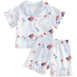 image:imageKuriozud Kids Toddler Girl 4th of July Pajamas Short Sleeve Button Down Shirt Top and Shorts 2pcs Pjs Sets SleepwearAmerican Flag Ice Cream Blue