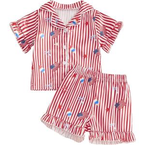 image:imageKuriozud Kids Toddler Girl 4th of July Pajamas Short Sleeve Button Down Shirt Top and Shorts 2pcs Pjs Sets SleepwearAmerican Flag Ice Cream Red