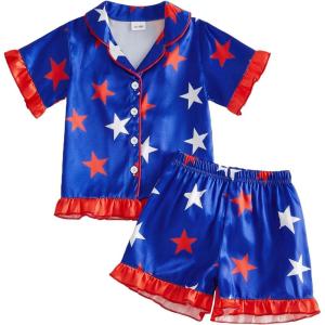 image:imageKuriozud Kids Toddler Girl 4th of July Pajamas Short Sleeve Button Down Shirt Top and Shorts 2pcs Pjs Sets SleepwearStars Navy Blue