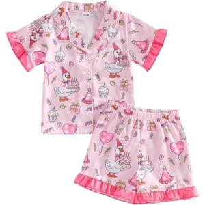 image:imageKuriozud Kids Toddler Girl Birthday Pajamas Short Sleeve Satin Button Down Shirt and Shorts Summer 2pcs Pjs Sets SleepwearCake Goose Pink