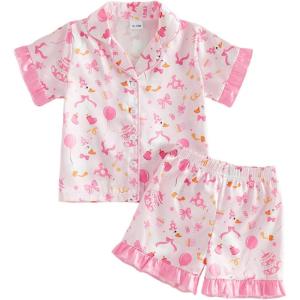 image:imageKuriozud Kids Toddler Girl Birthday Pajamas Short Sleeve Satin Button Down Shirt and Shorts Summer 2pcs Pjs Sets SleepwearCake Goose Pink B