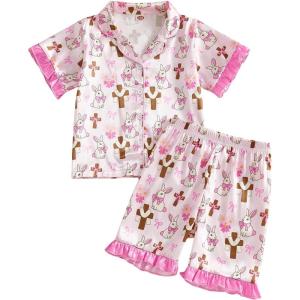 image:imageKuriozud Kids Toddler Girl Easter Pajamas Short Sleeve Button Down Shirt Top and Shorts 2pcs Pjs Sets SleepwearBunny Bow Pink