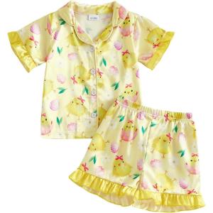 image:imageKuriozud Kids Toddler Girl Easter Pajamas Short Sleeve Button Down Shirt Top and Shorts 2pcs Pjs Sets SleepwearEgg Chick Yellow