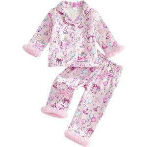 image:imageKuriozud Kids Toddler Girl Satin Pajamas Fuzzy Trim Long Sleeve Button Down Shirt Top and Pants 2pcs Pjs Sets SleepwearBirthday Cake Pink