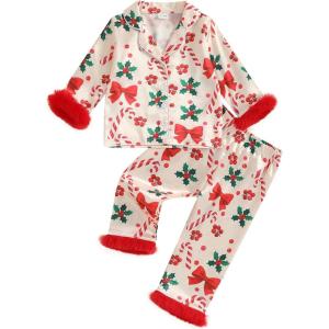 image:imageKuriozud Kids Toddler Girl Satin Pajamas Fuzzy Trim Long Sleeve Button Down Shirt Top and Pants 2pcs Pjs Sets SleepwearChristmas Candy Cane Bow Apricot