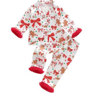 image:imageKuriozud Kids Toddler Girl Satin Pajamas Fuzzy Trim Long Sleeve Button Down Shirt Top and Pants 2pcs Pjs Sets SleepwearChristmas Gingerbread Bow White