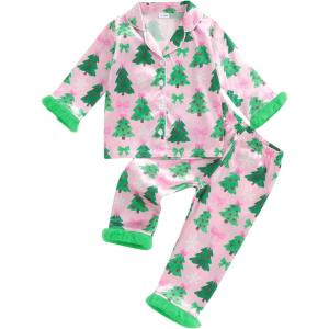 image:imageKuriozud Kids Toddler Girl Satin Pajamas Fuzzy Trim Long Sleeve Button Down Shirt Top and Pants 2pcs Pjs Sets SleepwearChristmas Tree Bow Green