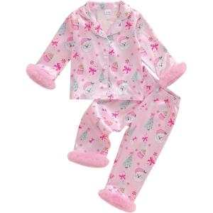 image:imageKuriozud Kids Toddler Girl Satin Pajamas Fuzzy Trim Long Sleeve Button Down Shirt Top and Pants 2pcs Pjs Sets SleepwearChristmas Tree Santa Pink