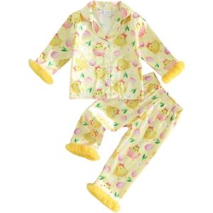 image:imageKuriozud Kids Toddler Girl Satin Pajamas Fuzzy Trim Long Sleeve Button Down Shirt Top and Pants 2pcs Pjs Sets SleepwearEaster Egg Chick Yellow